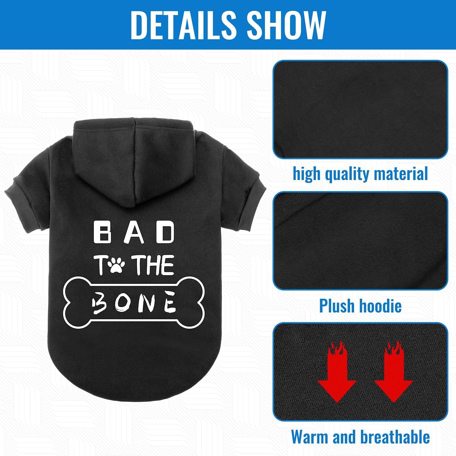 BINGPET Dog Hoodie 'Bad The Bone' - Black, Extra Large, Warm Winter Coat for Dogs