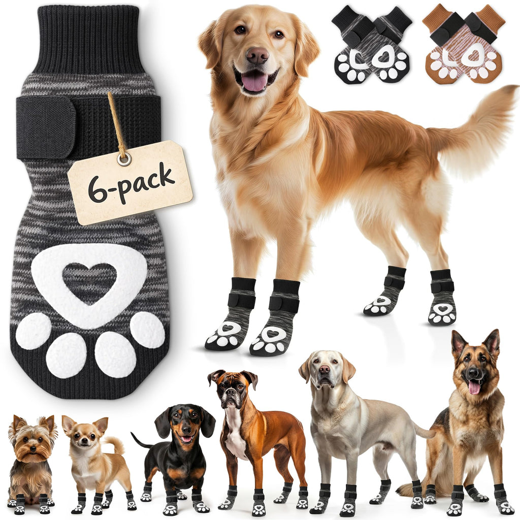 Bixie Anti Slip Dog Socks - 6 Pack for Traction, Licking Prevention, and Paw Protection - Large Grey