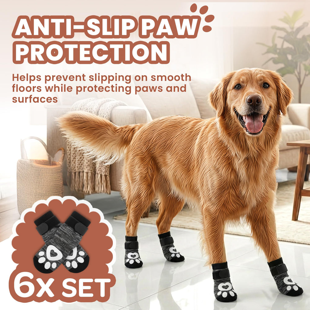 Bixie Anti Slip Dog Socks - 6 Pack for Traction, Licking Prevention, and Paw Protection - Large Grey