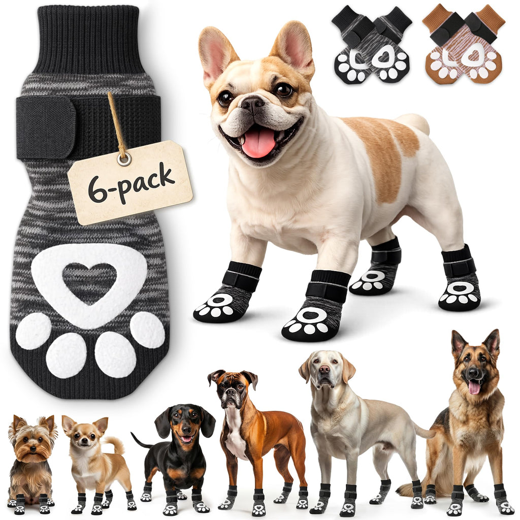 bixie Anti Slip Dog Socks 6 Pack - Small Grey - Prevent Paw Licking, Add Traction, Protect Paws - for Senior Dogs & Hardwood Floors