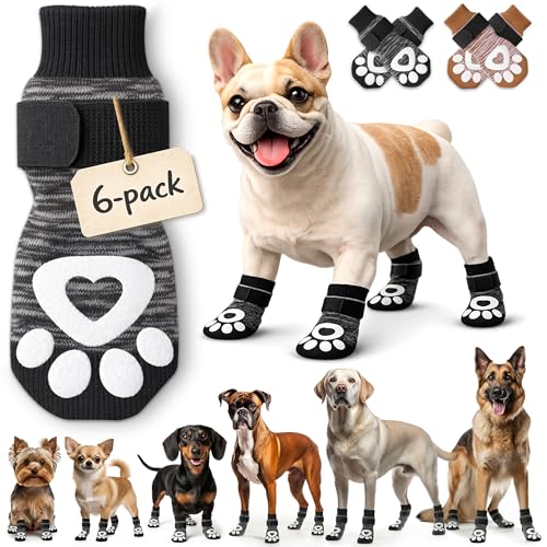 bixie Anti Slip Dog Socks 6 Pack - Small Grey - Prevent Paw Licking, Add Traction, Protect Paws - for Senior Dogs & Hardwood Floors