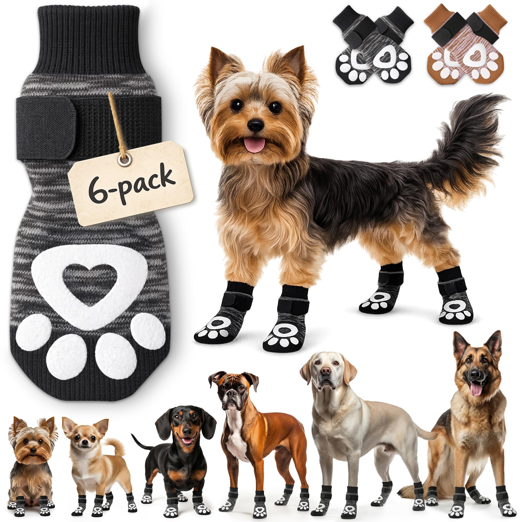 bixie Anti Slip Dog Socks (6 Pack) – XS Grey – Traction for Hardwood Floors, Paw Protection, Prevents Licking, for Senior Dogs
