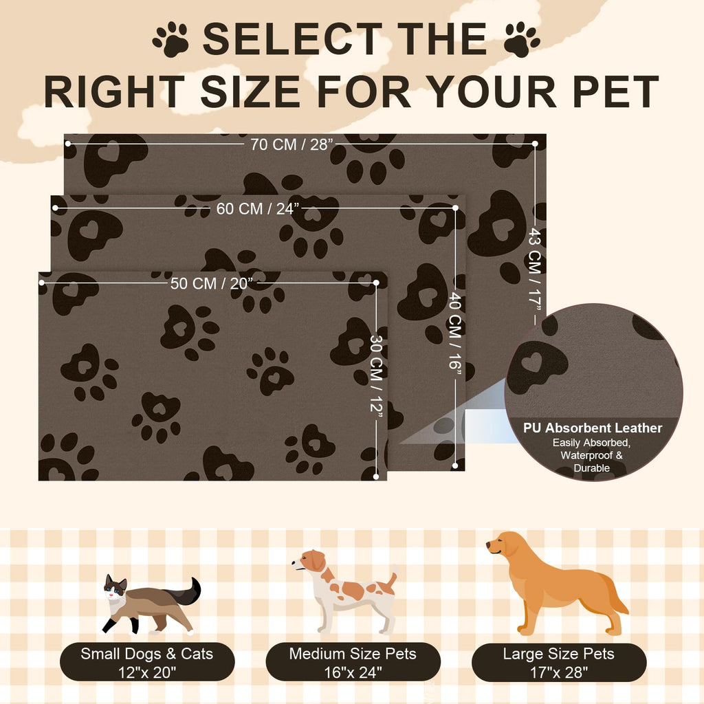 BLESWIN 16"x24" Brown Pet Feeding Mat – Waterproof, Non-Slip & Absorbent Dog Bowl Mat for Large Dogs