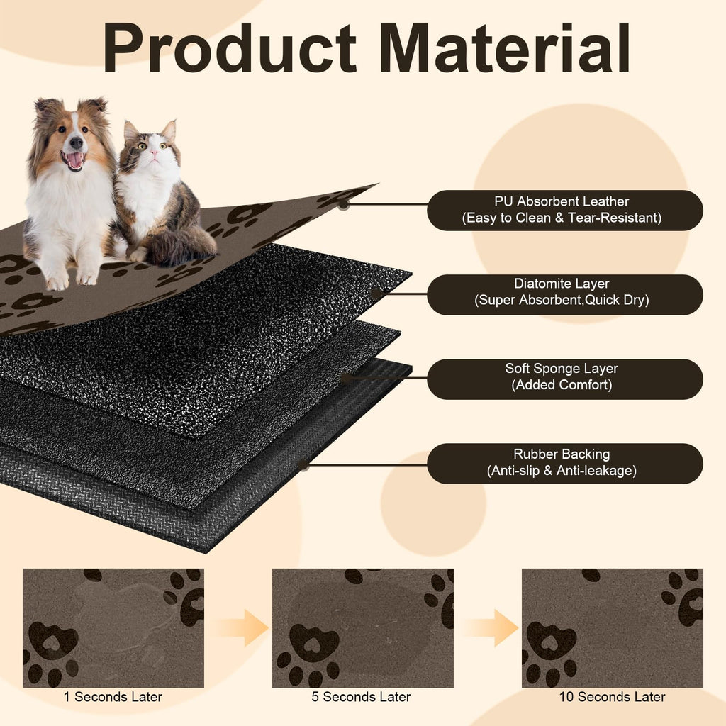BLESWIN 16"x24" Brown Pet Feeding Mat – Waterproof, Non-Slip & Absorbent Dog Bowl Mat for Large Dogs