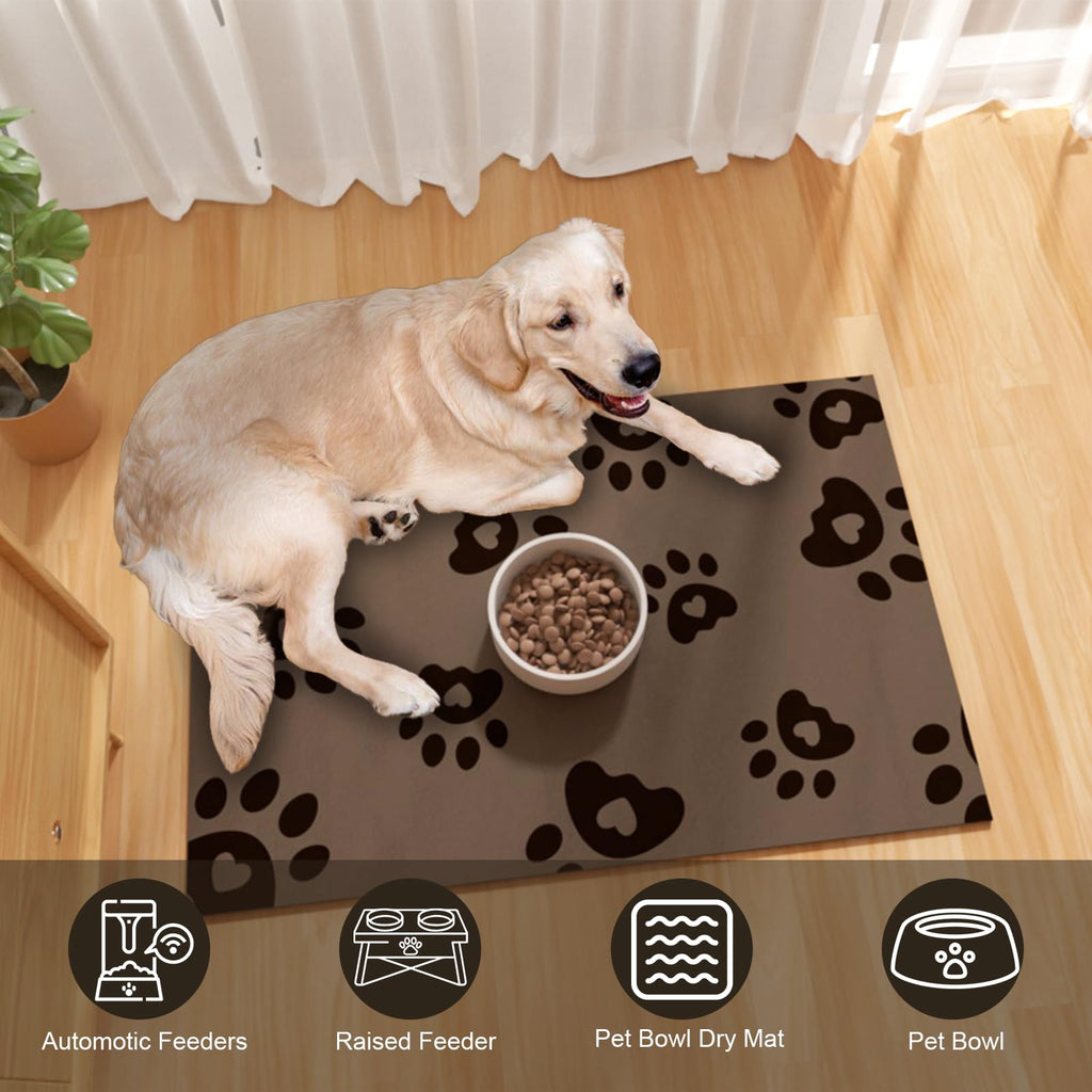 BLESWIN 16"x24" Brown Pet Feeding Mat – Waterproof, Non-Slip & Absorbent Dog Bowl Mat for Large Dogs