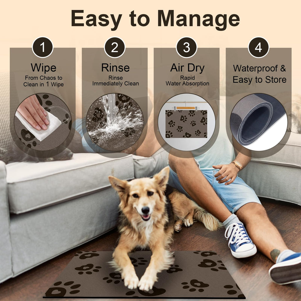 BLESWIN 16"x24" Brown Pet Feeding Mat – Waterproof, Non-Slip & Absorbent Dog Bowl Mat for Large Dogs