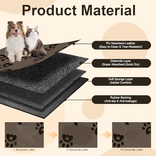 BLESWIN 16"x24" Brown Pet Feeding Mat – Waterproof, Non-Slip & Absorbent Dog Bowl Mat for Large Dogs