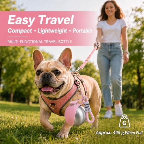 Bokynu Portable Dog Water Bottle 10 oz Stainless Steel with Silicone Foldable Bowl - Leak Proof Pet Travel Dispenser for Small Dogs, Puppies, Hiking, Pink