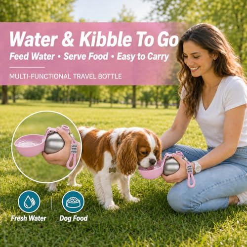 Bokynu Portable Dog Water Bottle 10 oz Stainless Steel with Silicone Foldable Bowl - Leak Proof Pet Travel Dispenser for Small Dogs, Puppies, Hiking, Pink