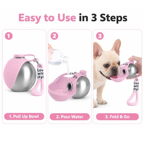 Bokynu Portable Dog Water Bottle 10 oz Stainless Steel with Silicone Foldable Bowl - Leak Proof Pet Travel Dispenser for Small Dogs, Puppies, Hiking, Pink