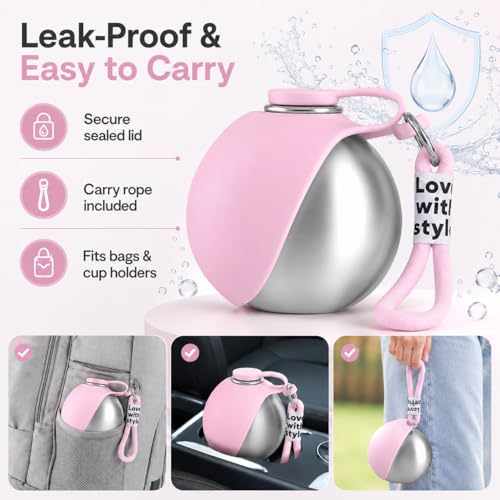 Bokynu Portable Dog Water Bottle 10 oz Stainless Steel with Silicone Foldable Bowl - Leak Proof Pet Travel Dispenser for Small Dogs, Puppies, Hiking, Pink