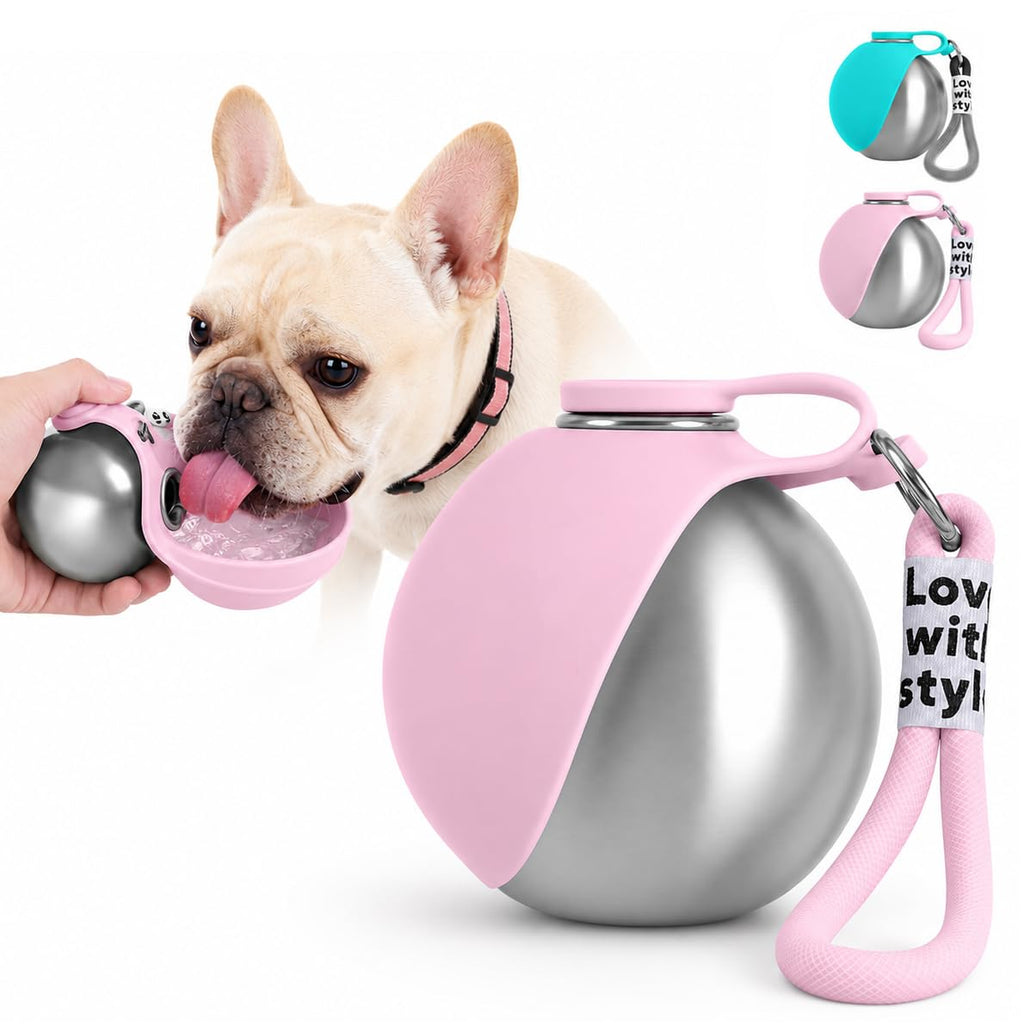 Bokynu Portable Dog Water Bottle 10 oz Stainless Steel with Silicone Foldable Bowl - Leak Proof Pet Travel Dispenser for Small Dogs, Puppies, Hiking, Pink
