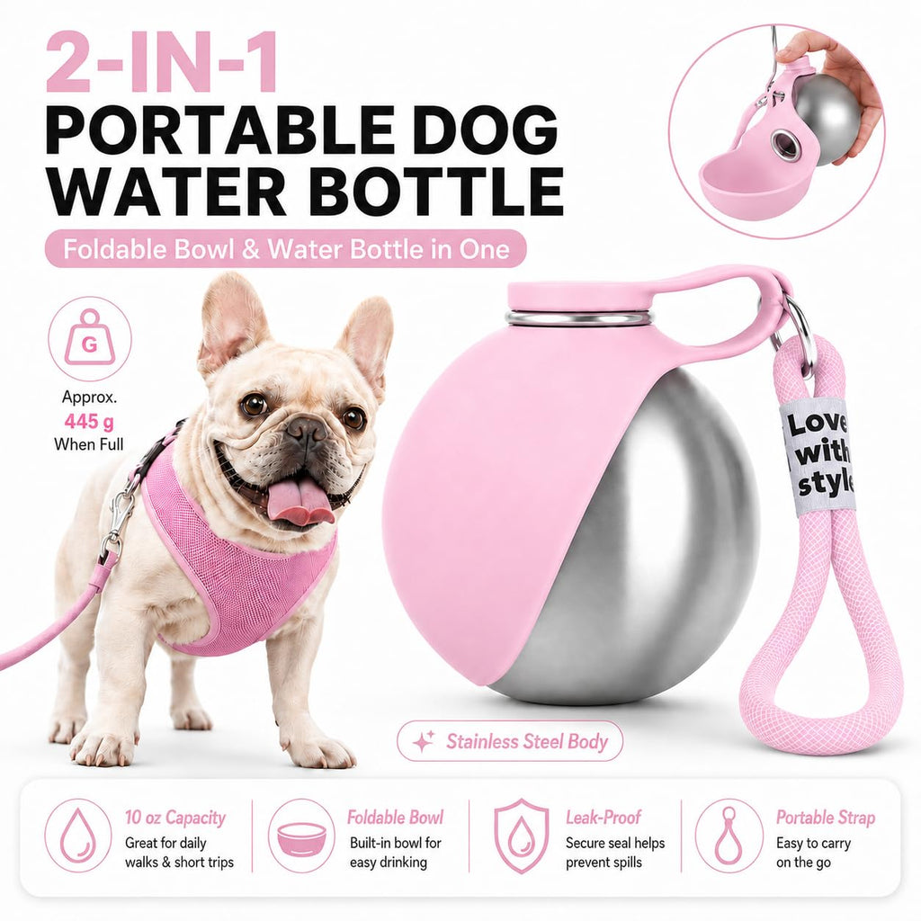 Bokynu Portable Dog Water Bottle 10 oz Stainless Steel with Silicone Foldable Bowl - Leak Proof Pet Travel Dispenser for Small Dogs, Puppies, Hiking, Pink