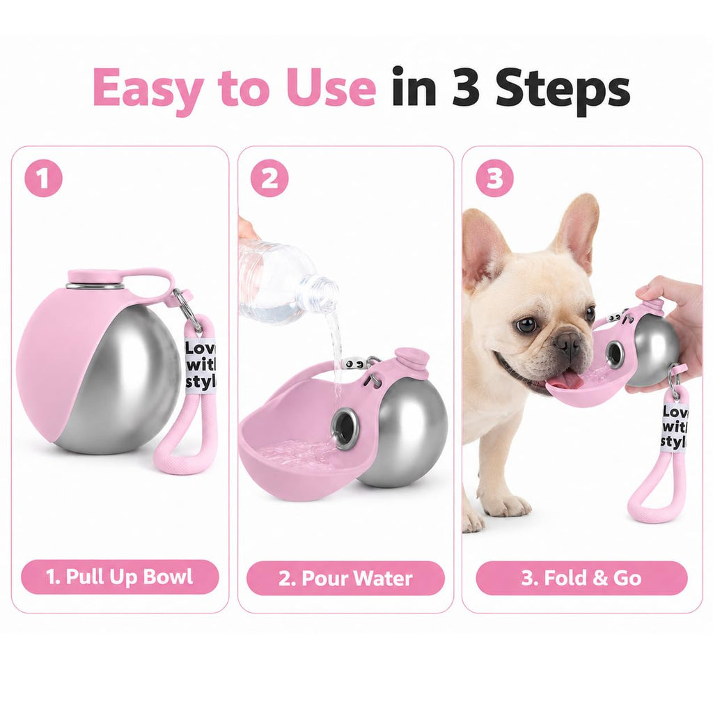 Bokynu Portable Dog Water Bottle 10 oz Stainless Steel with Silicone Foldable Bowl - Leak Proof Pet Travel Dispenser for Small Dogs, Puppies, Hiking, Pink