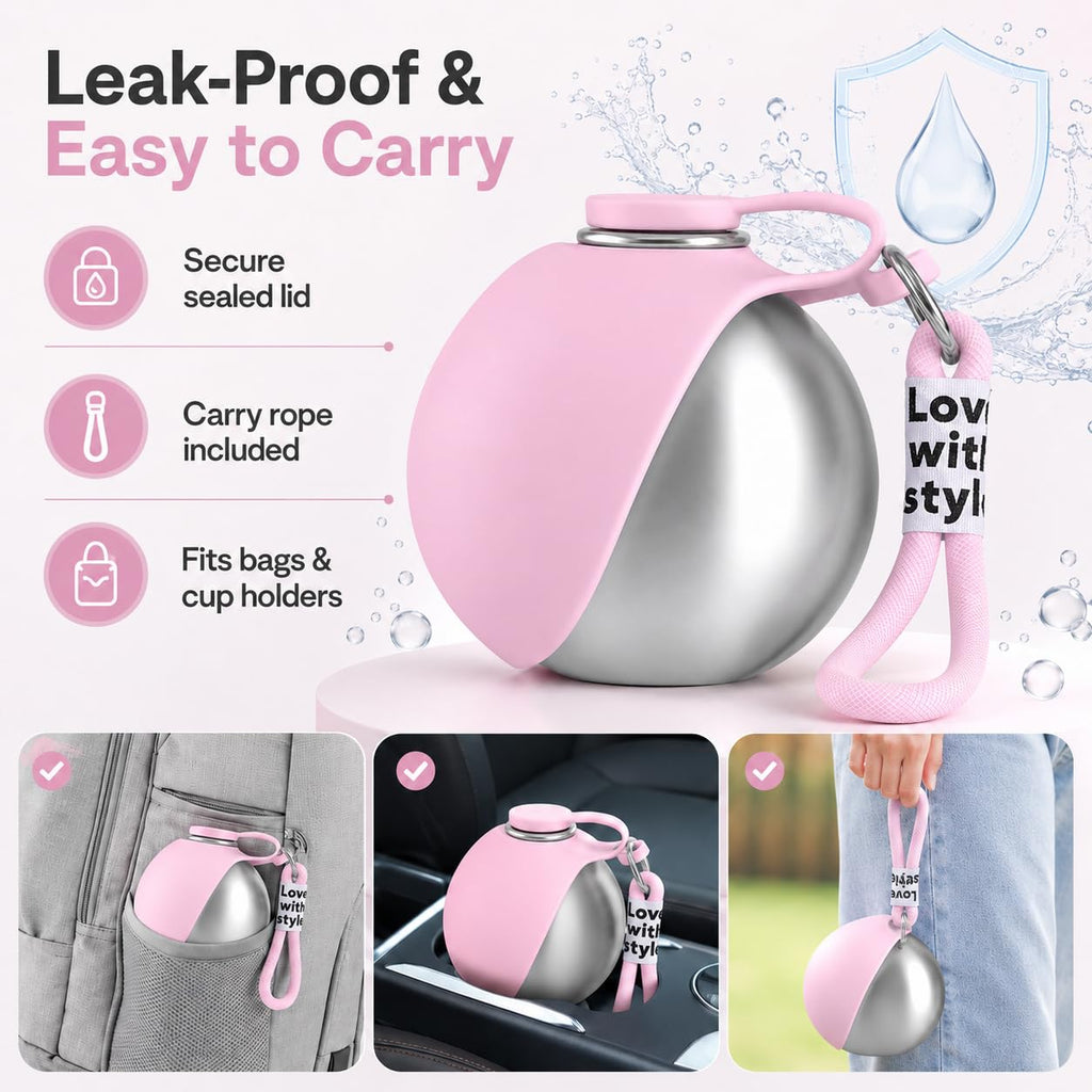 Bokynu Portable Dog Water Bottle 10 oz Stainless Steel with Silicone Foldable Bowl - Leak Proof Pet Travel Dispenser for Small Dogs, Puppies, Hiking, Pink
