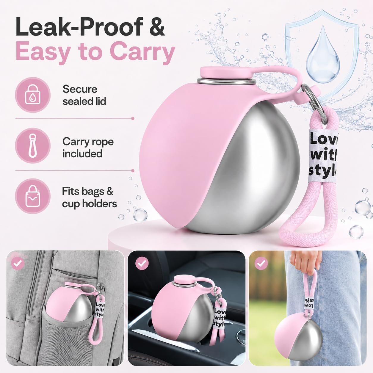 Bokynu Portable Dog Water Bottle 10 oz Stainless Steel with Silicone Foldable Bowl - Leak Proof Pet Travel Dispenser for Small Dogs, Puppies, Hiking, Pink