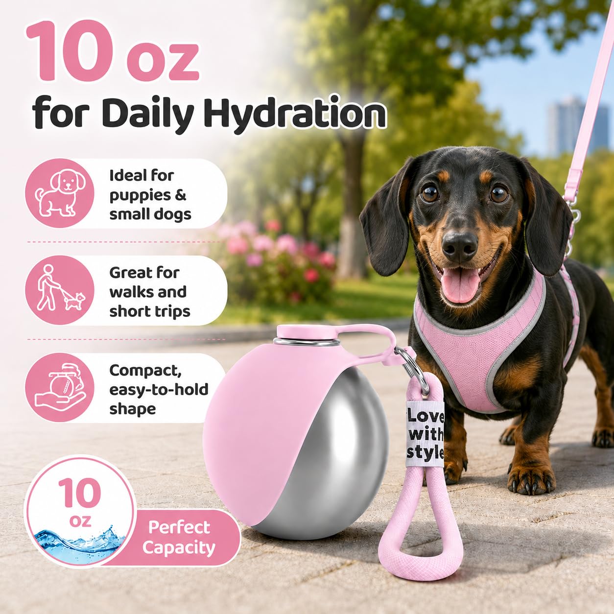 Bokynu Portable Dog Water Bottle 10 oz Stainless Steel with Silicone Foldable Bowl - Leak Proof Pet Travel Dispenser for Small Dogs, Puppies, Hiking, Pink