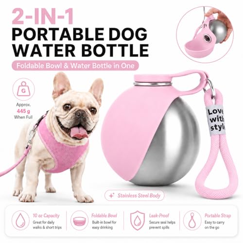 Bokynu Portable Dog Water Bottle 10 oz Stainless Steel with Silicone Foldable Bowl - Leak Proof Pet Travel Dispenser for Small Dogs, Puppies, Hiking, Pink