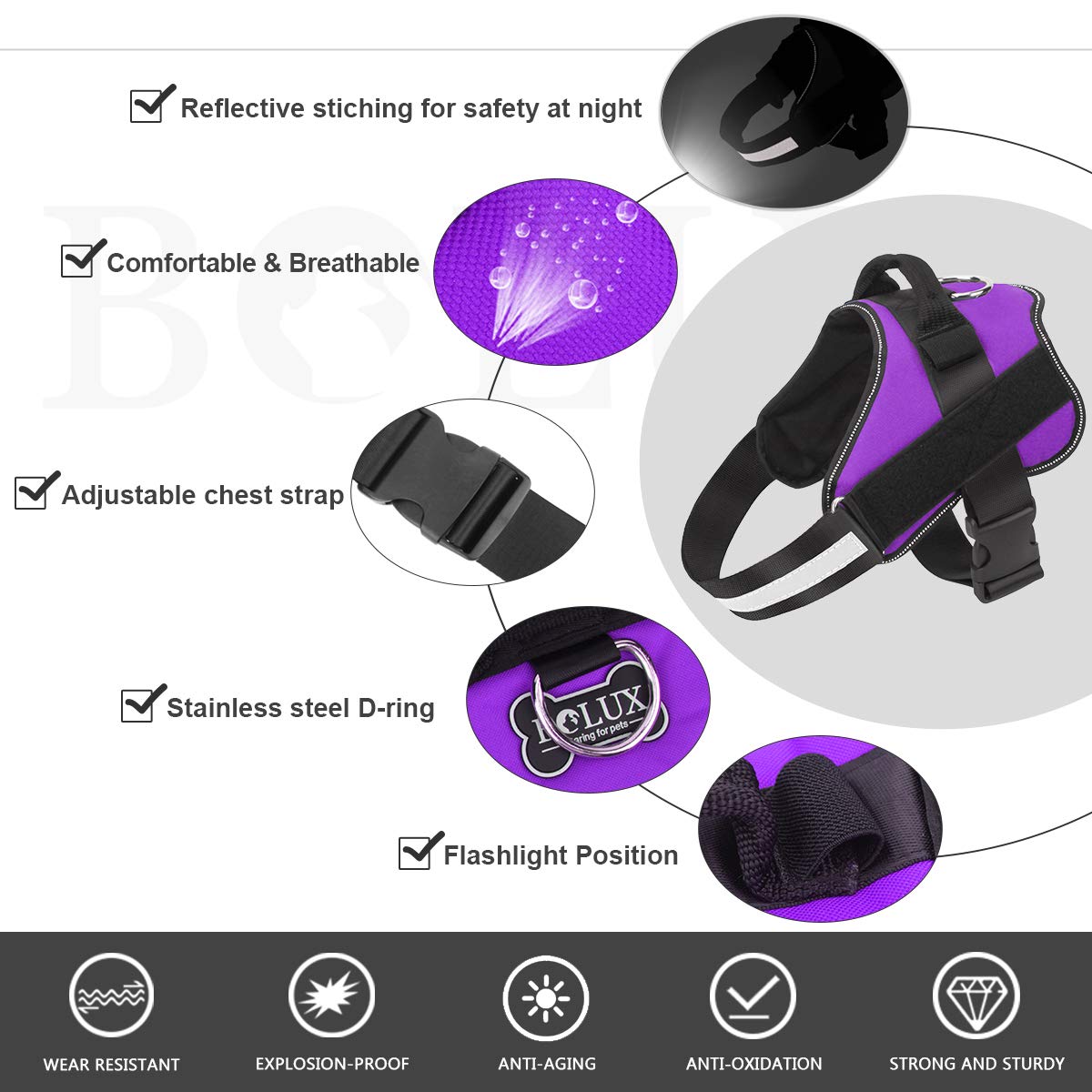 Bolux No-Pull Reflective Dog Harness for Large Dogs, Adjustable Vest with Handle, Purple, L