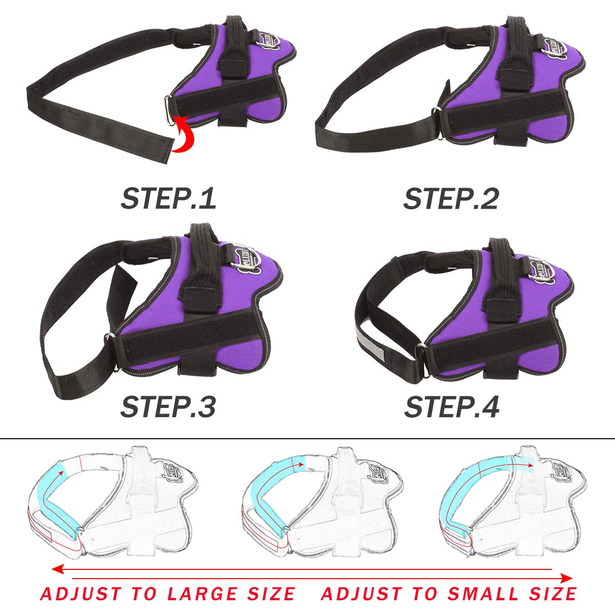 Bolux No-Pull Reflective Dog Harness for Large Dogs, Adjustable Vest with Handle, Purple, L