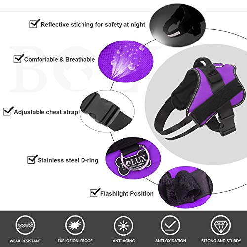 Bolux No-Pull Reflective Dog Harness for Large Dogs, Adjustable Vest with Handle, Purple, L