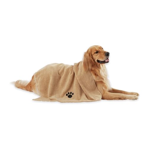 Bone Dry Absorbent Microfiber Pet Towel – X-Large 41x23.5", Embroidered Taupe, for Dogs and Cats