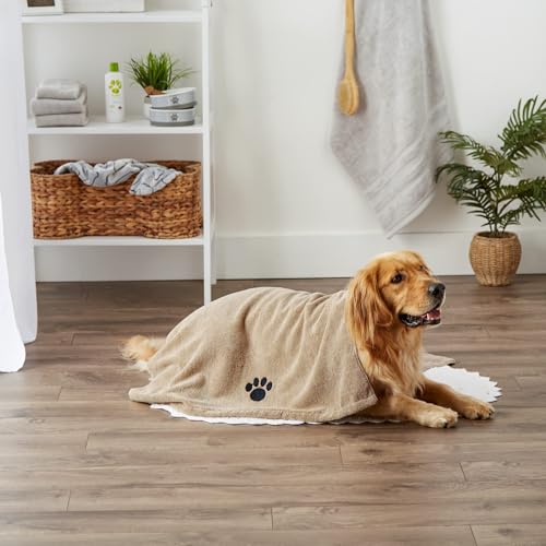 Bone Dry Absorbent Microfiber Pet Towel – X-Large 41x23.5", Embroidered Taupe, for Dogs and Cats