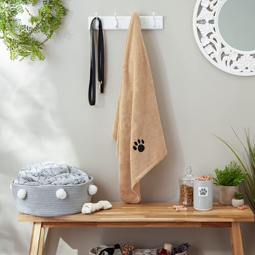 Bone Dry Absorbent Microfiber Pet Towel – X-Large 41x23.5", Embroidered Taupe, for Dogs and Cats