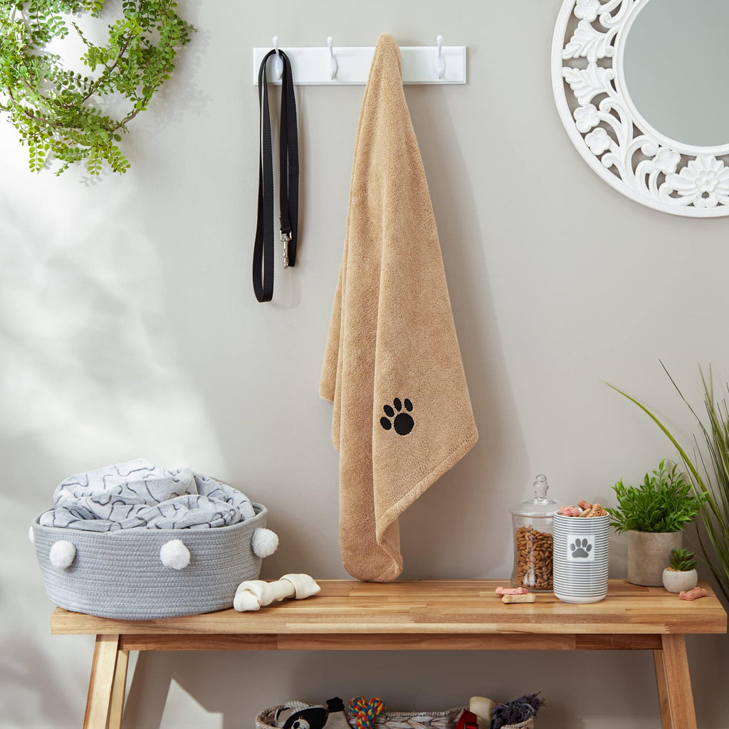 Bone Dry Absorbent Microfiber Pet Towel – X-Large 41x23.5", Embroidered Taupe, for Dogs and Cats