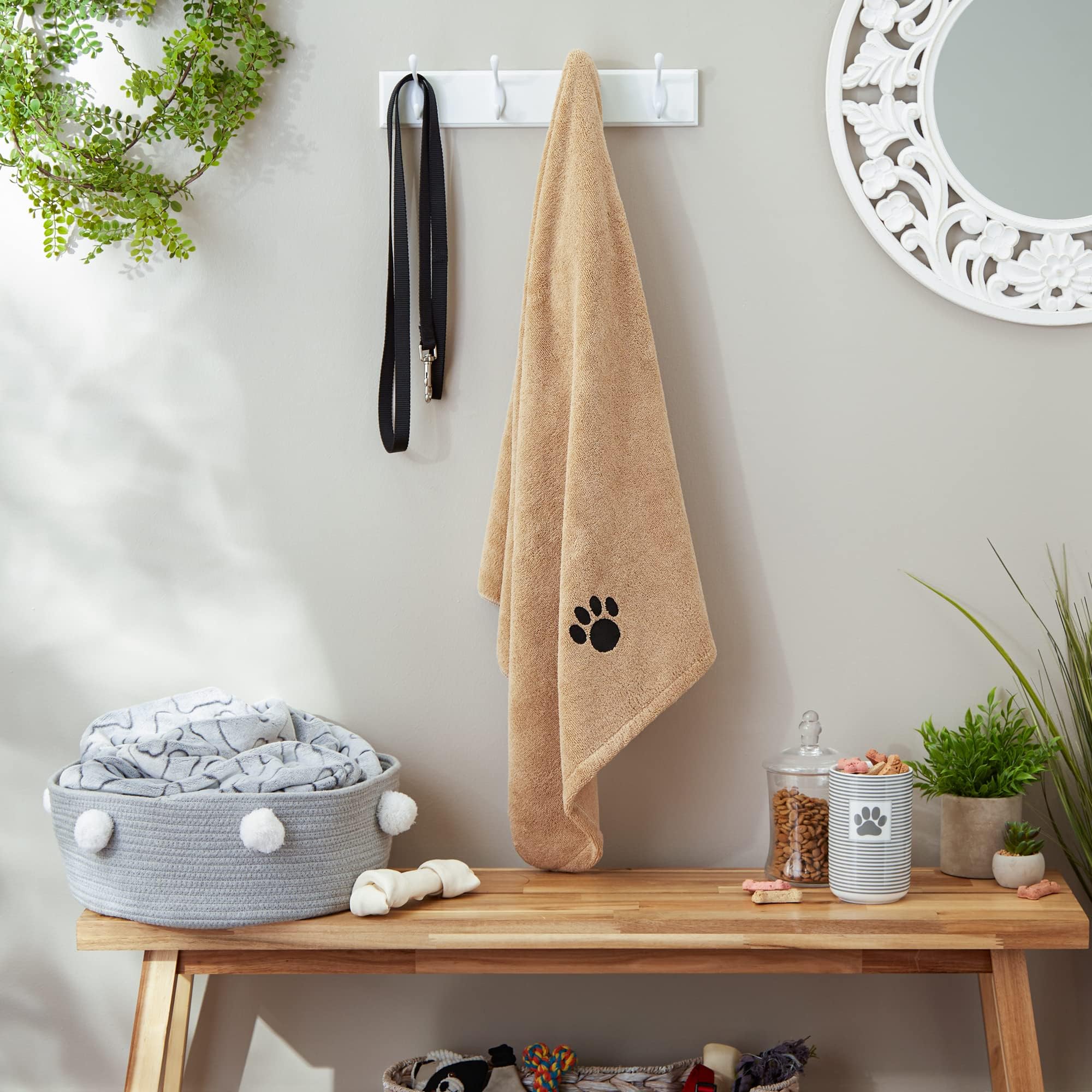 Bone Dry Absorbent Microfiber Pet Towel – X-Large 41x23.5", Embroidered Taupe, for Dogs and Cats