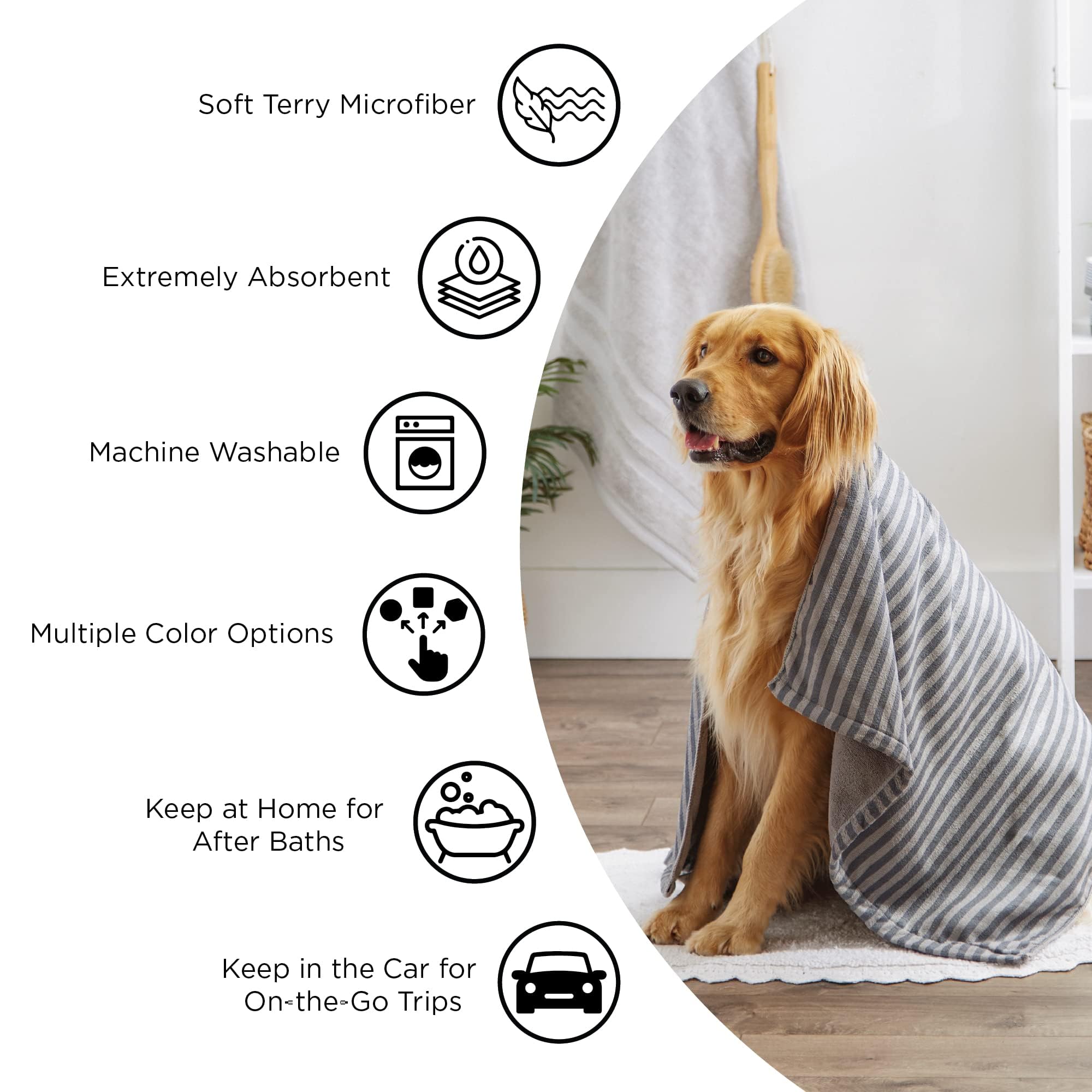Bone Dry Absorbent Microfiber Pet Towel – X-Large 41x23.5", Embroidered Taupe, for Dogs and Cats