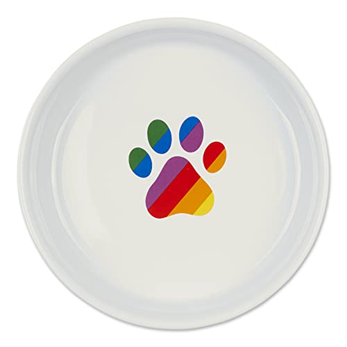 Bone Dry Ceramic Pet Bowls – Non-Slip, Dishwasher Safe, Rainbow Paw Design (2-Pack, Large 7.5x2.4 inches)