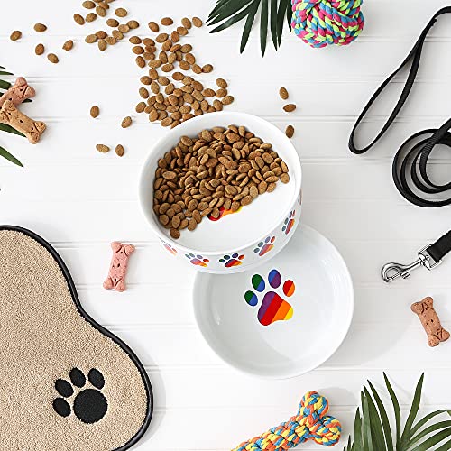 Bone Dry Ceramic Pet Bowls – Non-Slip, Dishwasher Safe, Rainbow Paw Design (2-Pack, Large 7.5x2.4 inches)