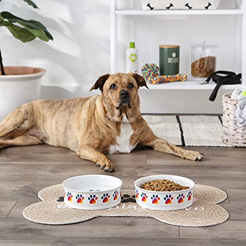 Bone Dry Ceramic Pet Bowls – Non-Slip, Dishwasher Safe, Rainbow Paw Design (2-Pack, Large 7.5x2.4 inches)