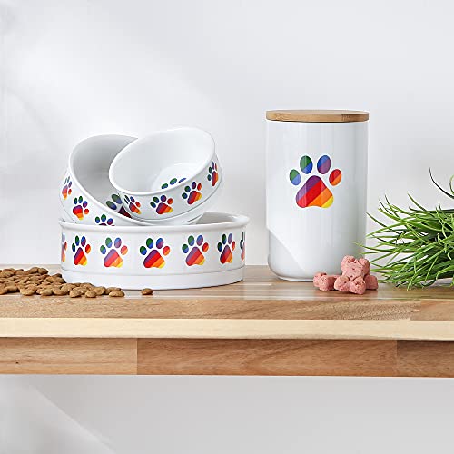 Bone Dry Ceramic Pet Bowls – Non-Slip, Dishwasher Safe, Rainbow Paw Design (2-Pack, Large 7.5x2.4 inches)