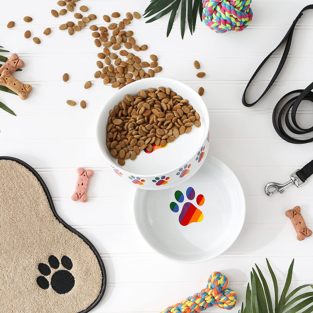 Bone Dry Ceramic Pet Bowls – Non-Slip, Dishwasher Safe, Rainbow Paw Design (2-Pack, Large 7.5x2.4 inches)
