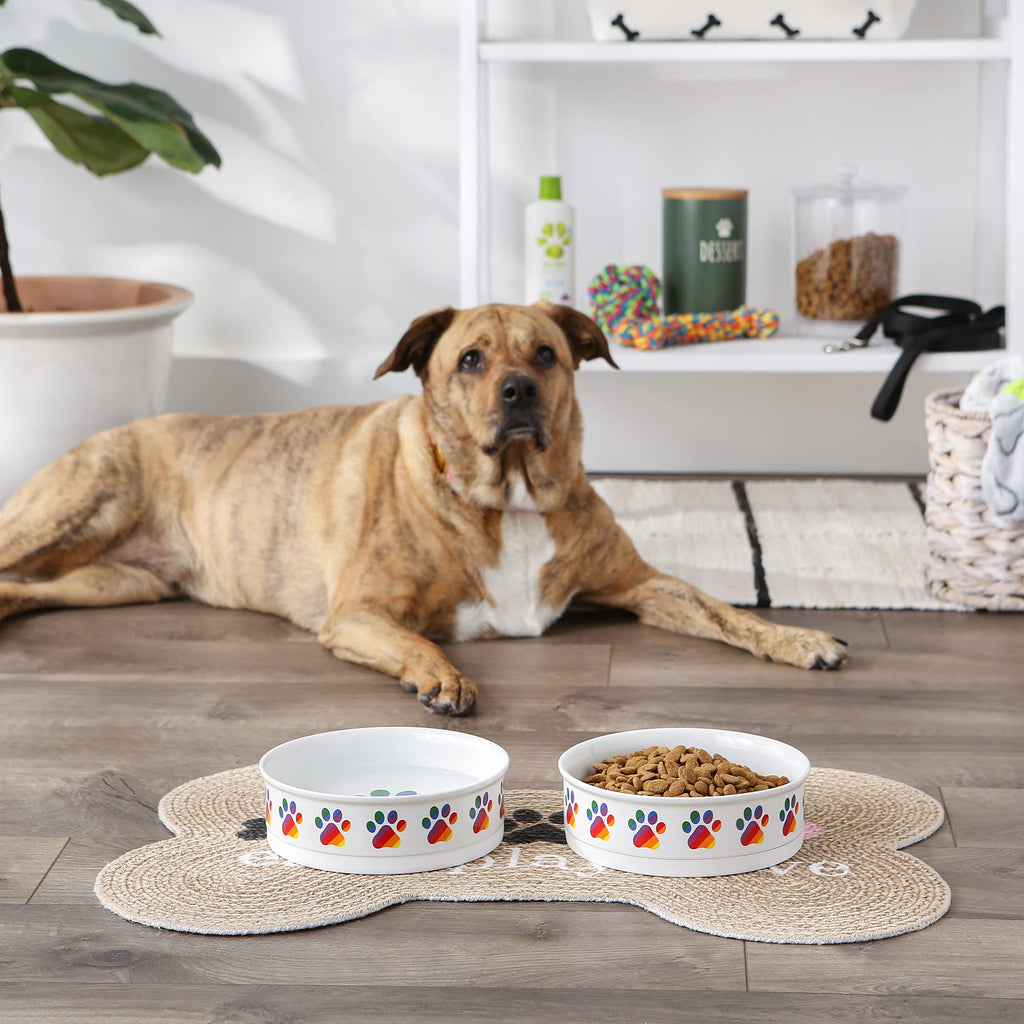 Bone Dry Ceramic Pet Bowls – Non-Slip, Dishwasher Safe, Rainbow Paw Design (2-Pack, Large 7.5x2.4 inches)