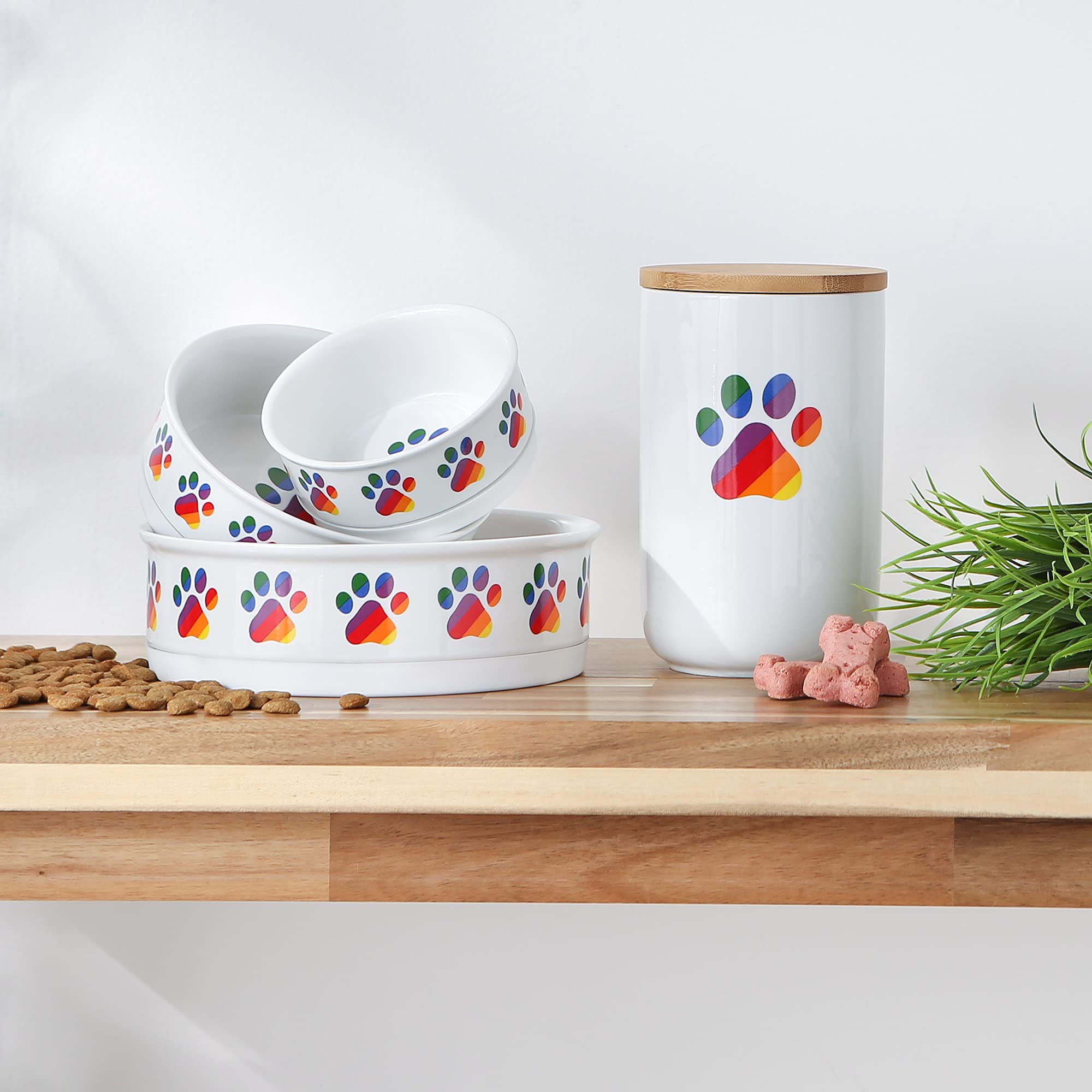 Bone Dry Ceramic Pet Bowls – Non-Slip, Dishwasher Safe, Rainbow Paw Design (2-Pack, Large 7.5x2.4 inches)