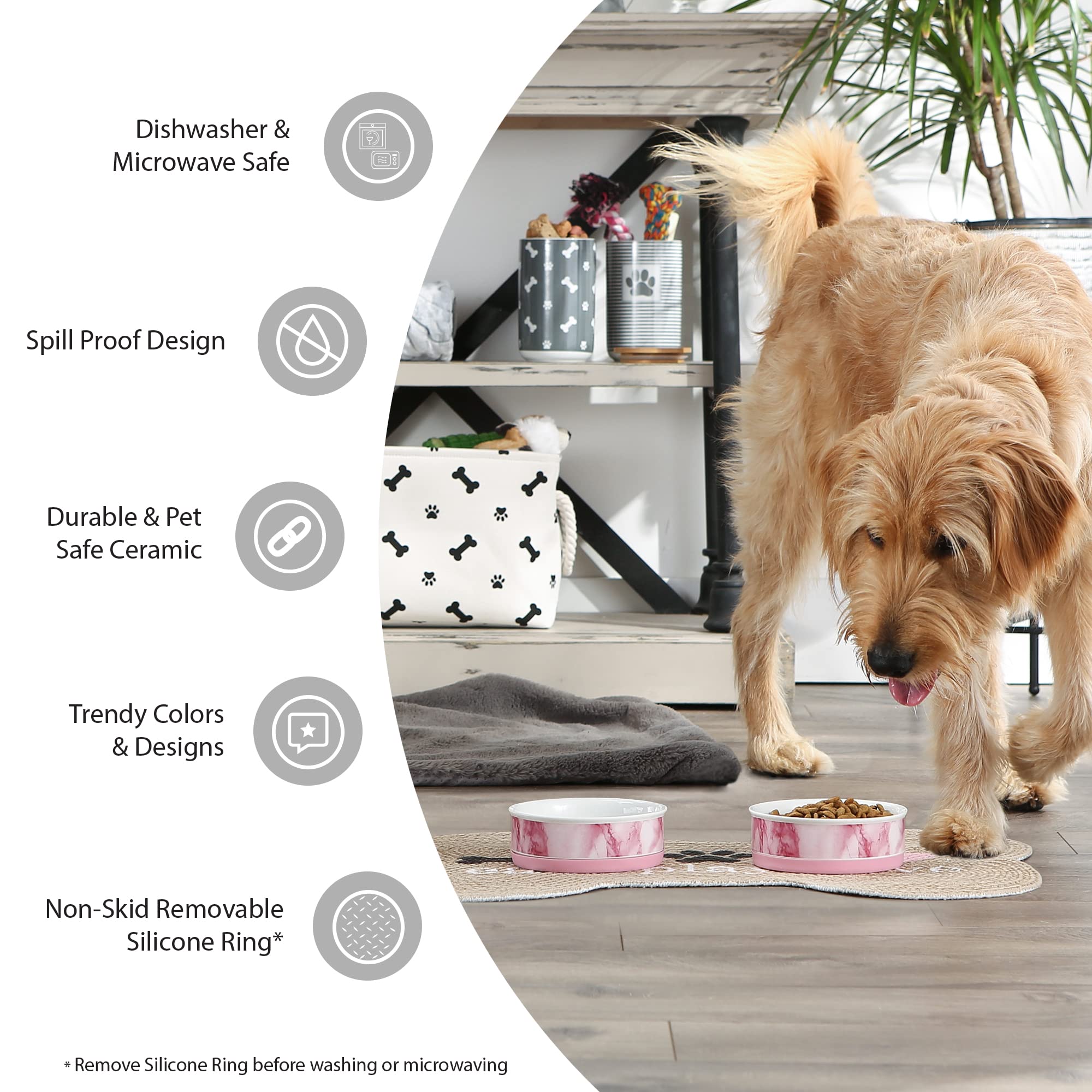 Bone Dry Ceramic Pet Bowls – Non-Slip, Dishwasher Safe, Rainbow Paw Design (2-Pack, Large 7.5x2.4 inches)