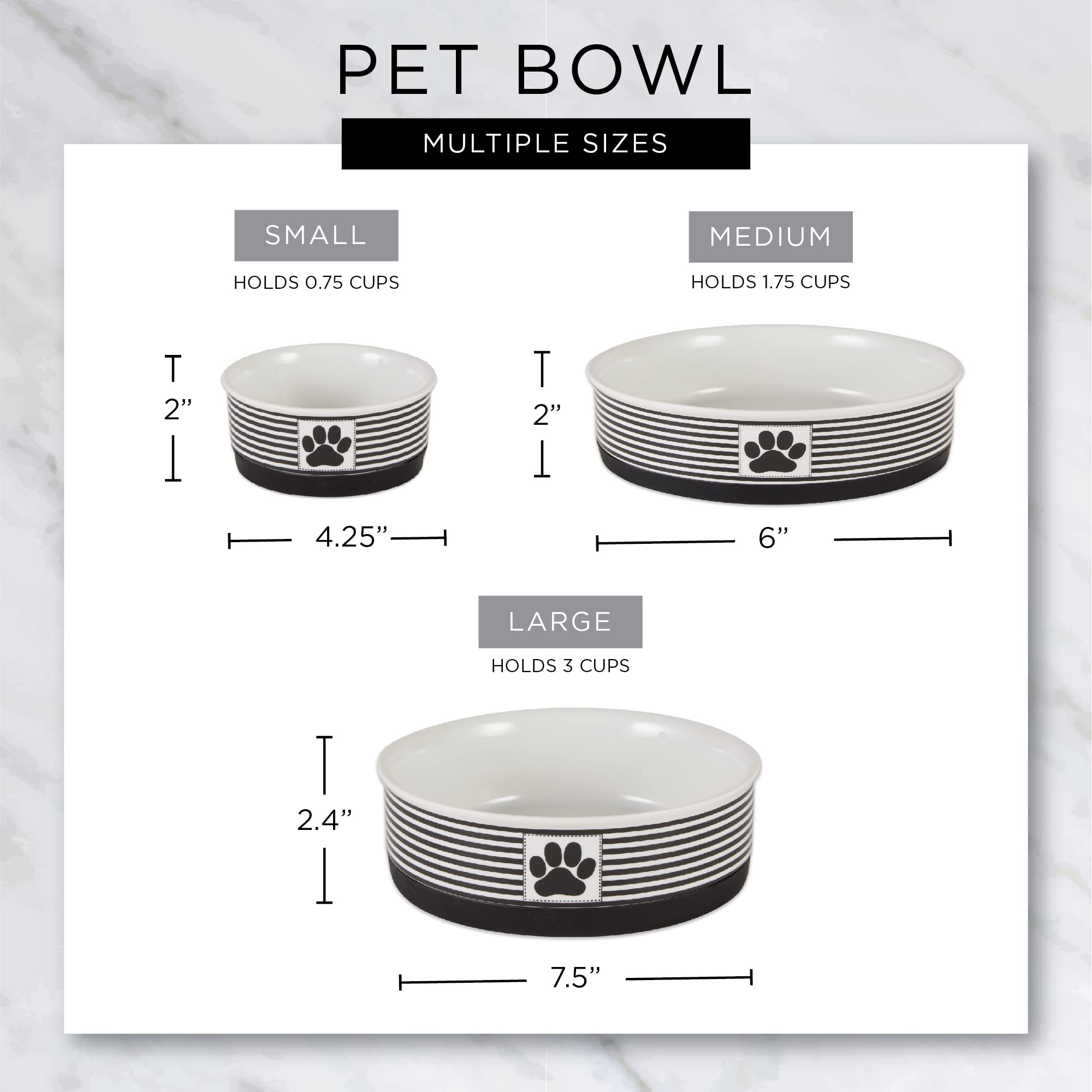 Bone Dry Ceramic Pet Bowls – Non-Slip, Dishwasher Safe, Rainbow Paw Design (2-Pack, Large 7.5x2.4 inches)