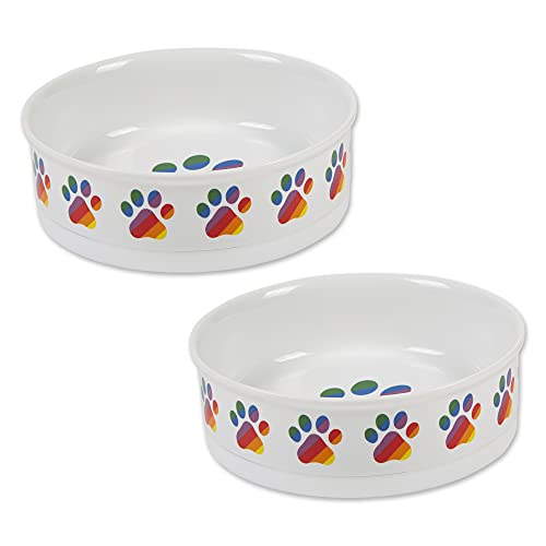 Bone Dry Ceramic Pet Bowls – Non-Slip, Dishwasher Safe, Rainbow Paw Design (2-Pack, Large 7.5x2.4 inches)