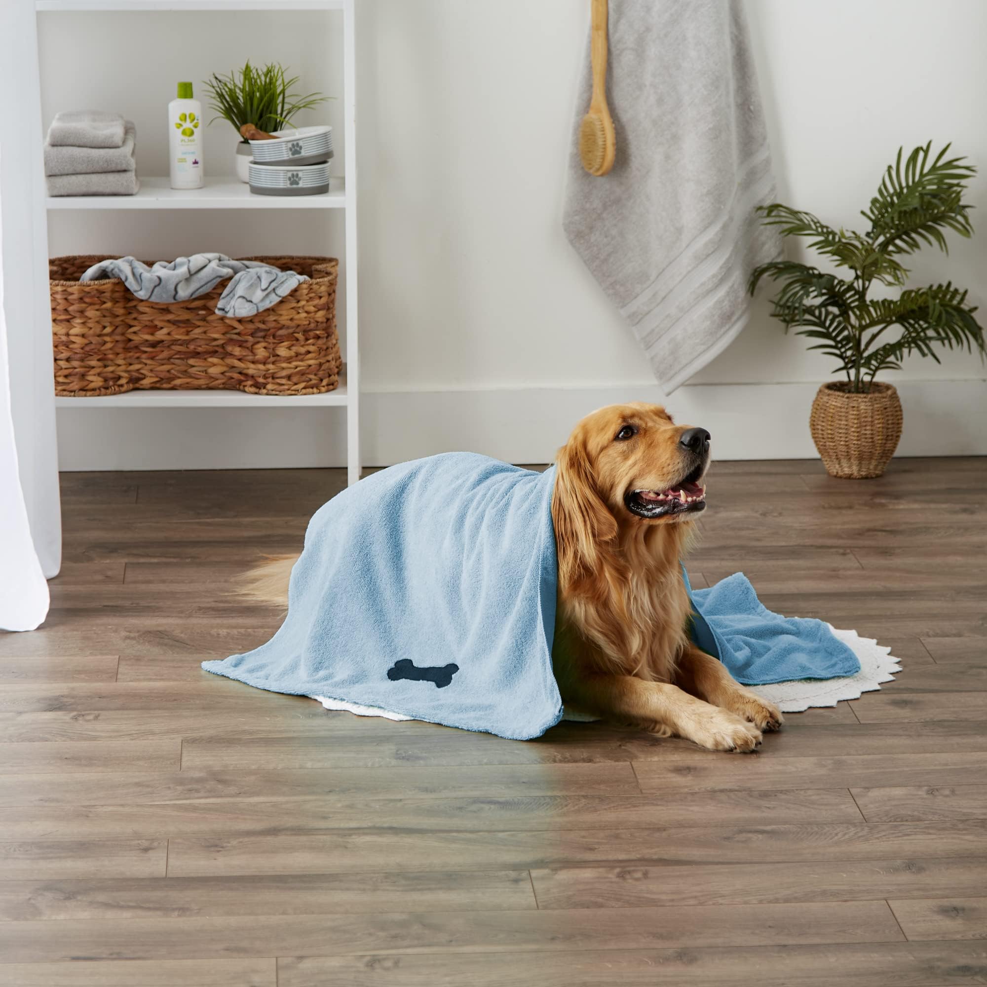 Bone Dry Microfiber Pet Towel, X-Large 41x23.5", Blue - Ultra Absorbent Dog & Cat Drying Towel