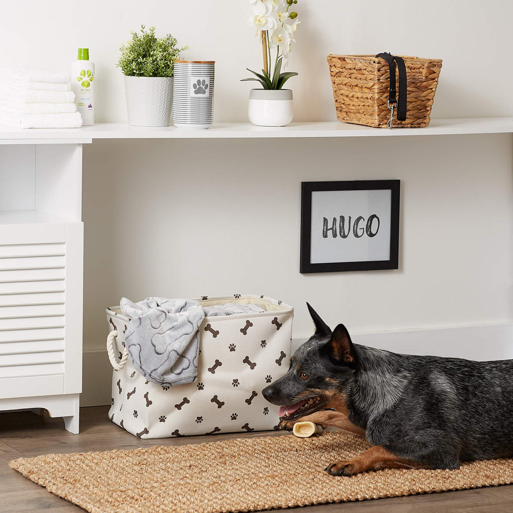 Bone Dry Pet Storage Bin, Medium Rectangle 16x10x12, Dark Brown with Paw and Bone Print