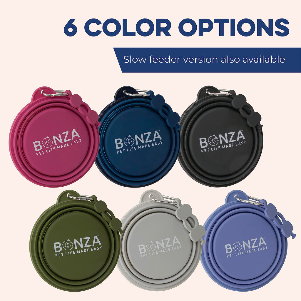 Bonza Collapsible Dog Slow Feeder Bowl - Portable Silicone Travel Bowl for Food & Water, Anti-Choking, BPA-Free, Dishwasher Safe
