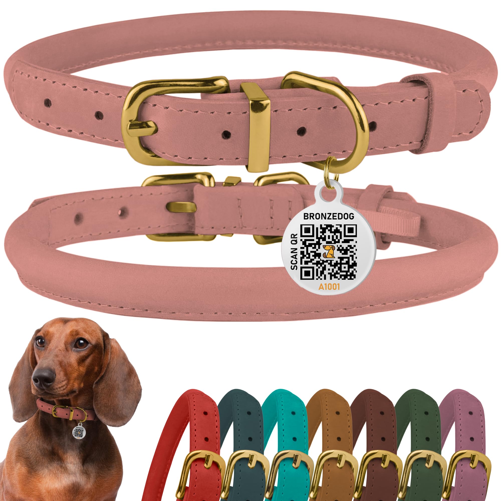 BronzeDog Rolled Leather Dog Collar - Soft Waxed Round Design for Long-Haired Breeds (Blush, 14-16 inch)