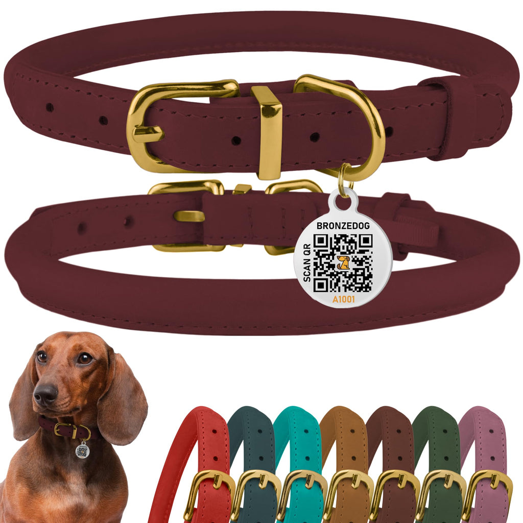 BronzeDog Rolled Leather Dog Collar – 14-16 Inch Neck Size, Burgundy, Anti-Tangle Design