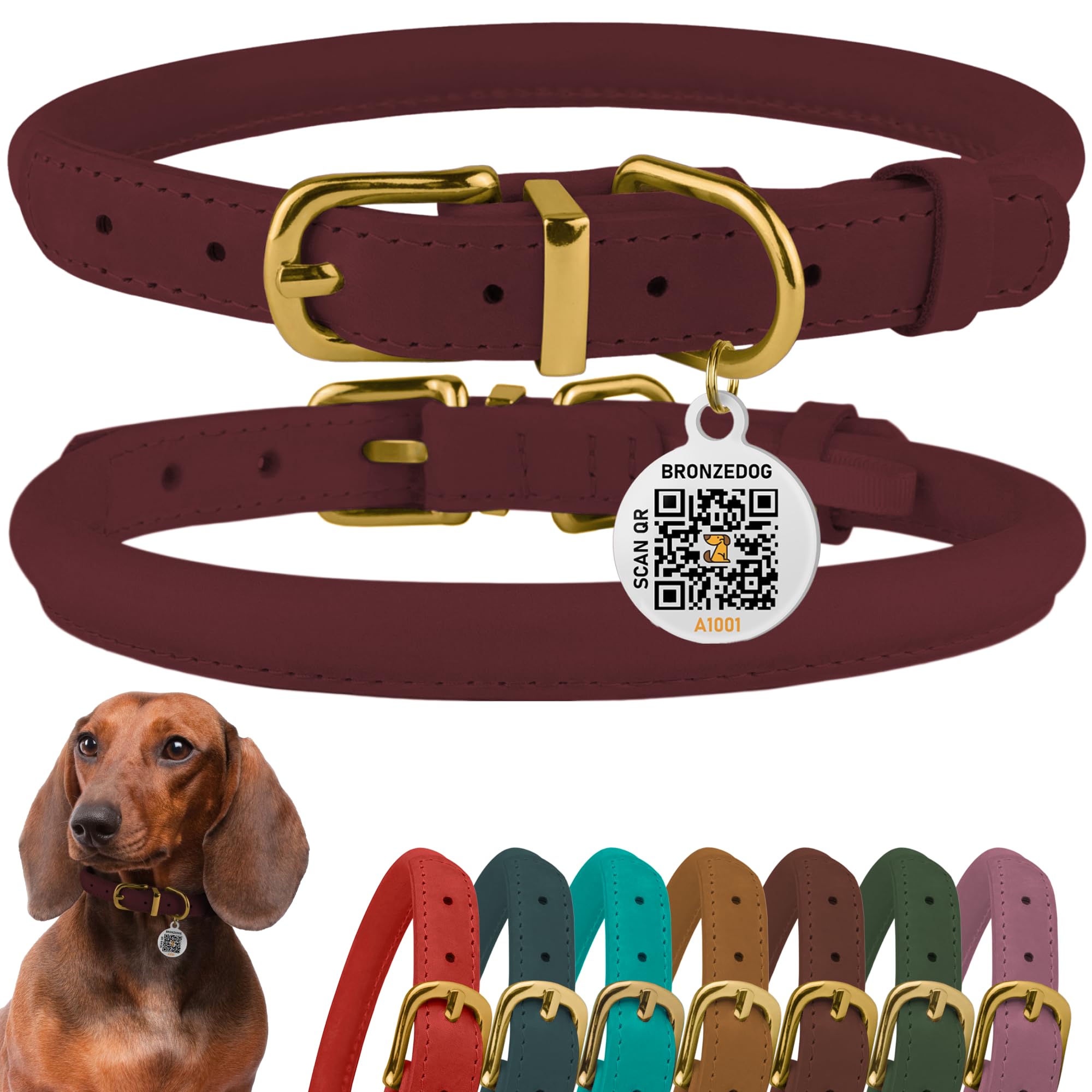 BronzeDog Rolled Leather Dog Collar – 14-16 Inch Neck Size, Burgundy, Anti-Tangle Design