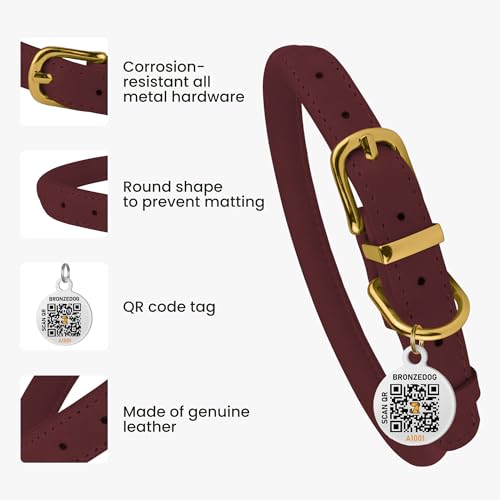 BronzeDog Rolled Leather Dog Collar – 14-16 Inch Neck Size, Burgundy, Anti-Tangle Design