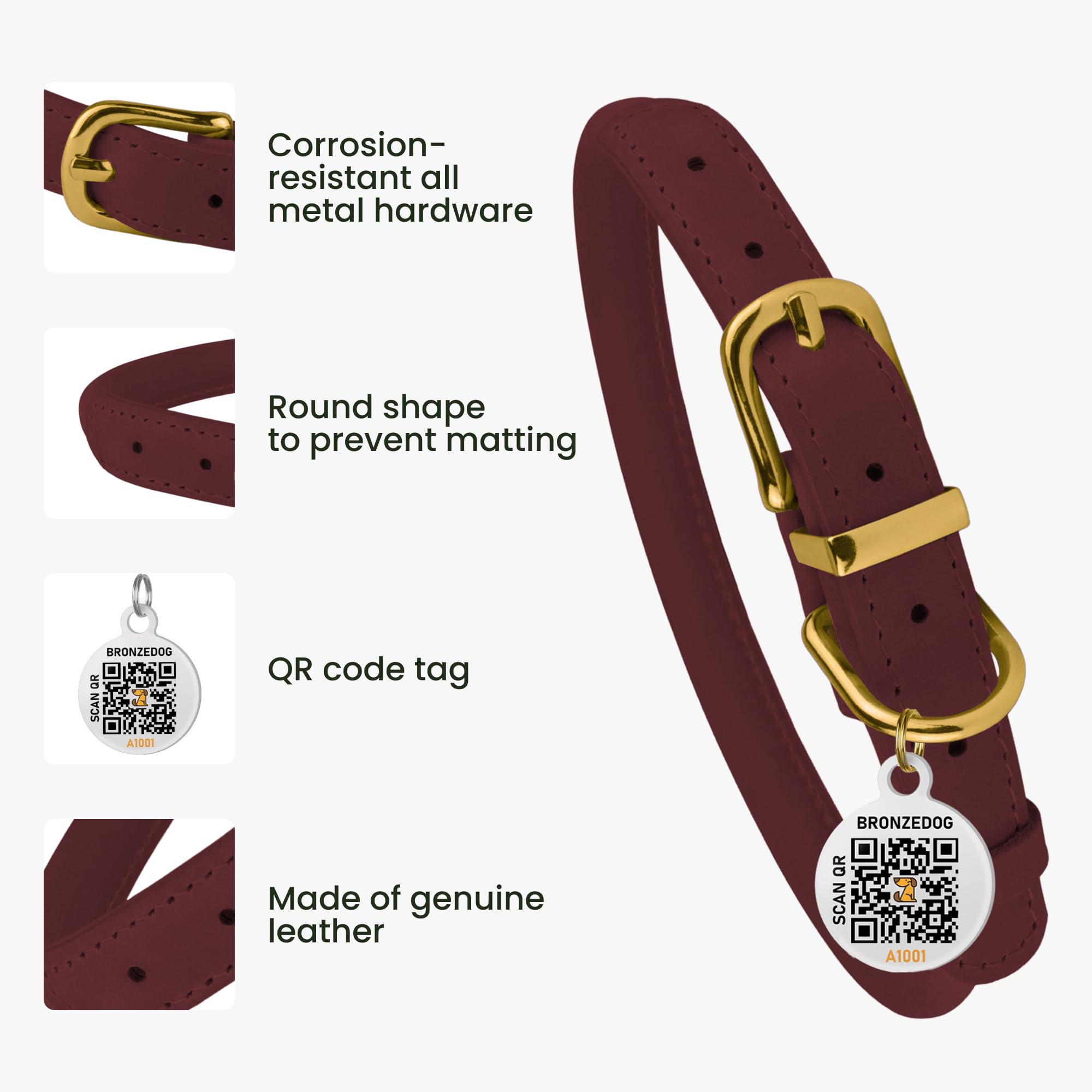 BRONZEDOG Rolled Leather Dog Collar – Burgundy, 16-19 Inch Neck, 3/4" Width, Crazy Horse Waxed Leather