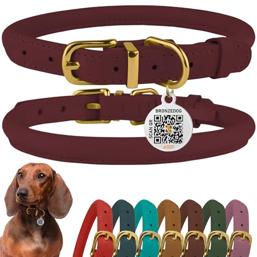 BRONZEDOG Rolled Leather Dog Collar – Burgundy, 16-19 Inch Neck, 3/4" Width, Crazy Horse Waxed Leather